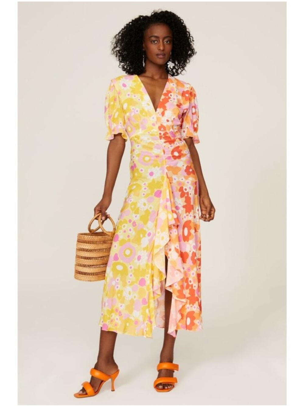 RIXO Ariel Colorblock Maxi Dress Size 8 Yellow Orange Floral Print